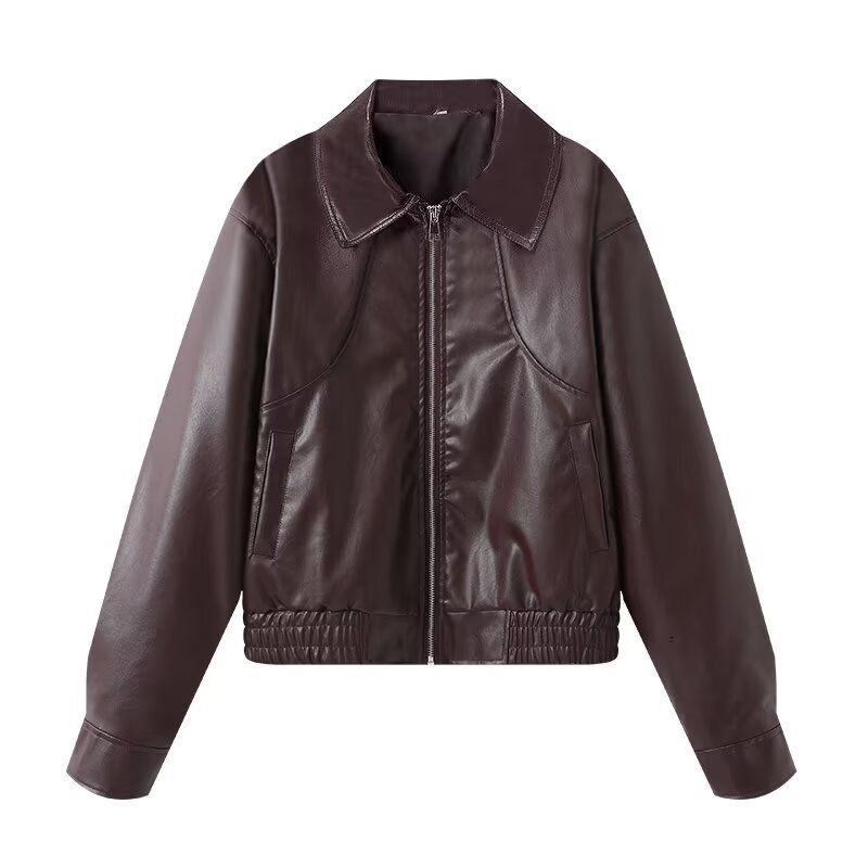 TAOP&ZA Veste courte en cuir à col rabattu et fermeture éclair pour femme, style américain, simple et tendance_voghion.com