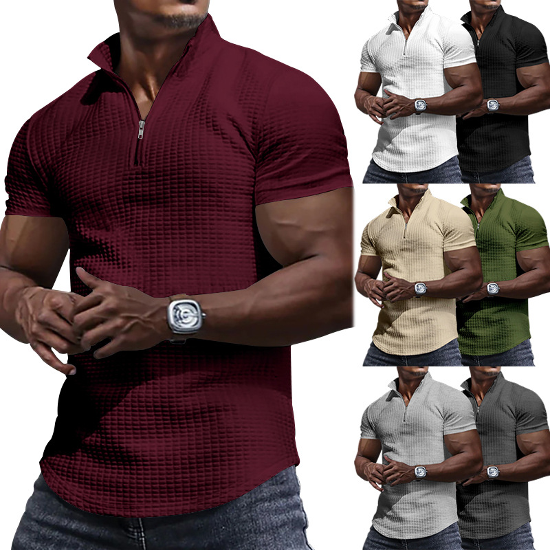 24 Poloshirt mit Stehkragen für Herren, kurzärmelig, einfarbig, kariert, mit Reißverschluss, T-Shirt für den Sommer, lässiges Oberteil_voghion.com