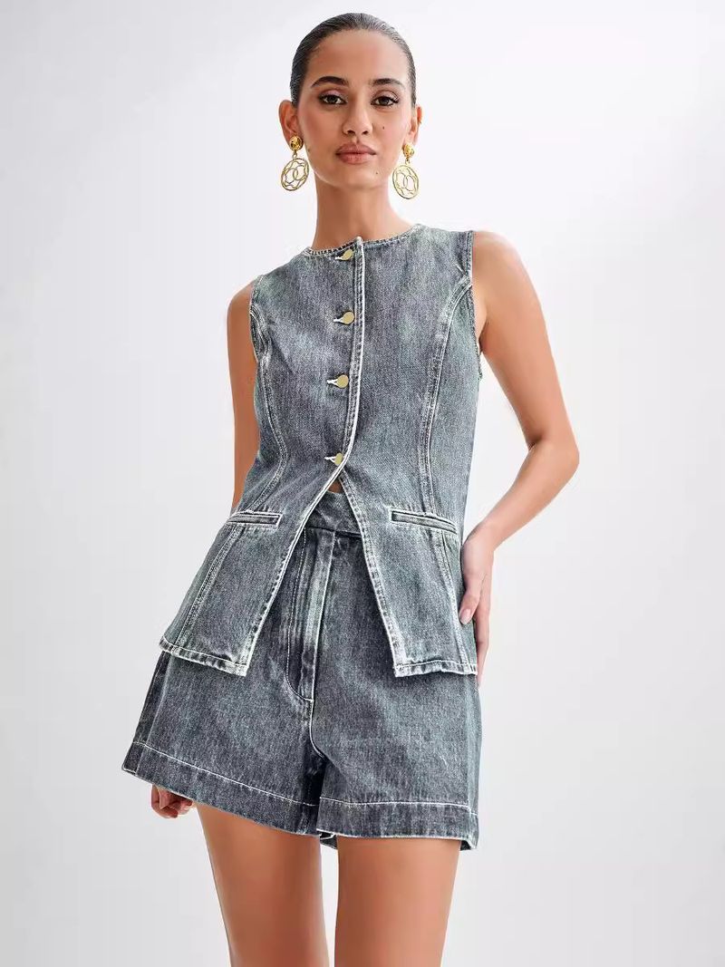 Frauen Kleidung mode lässig ärmellose hohe taille frauen anzug denim shorts_voghion.com