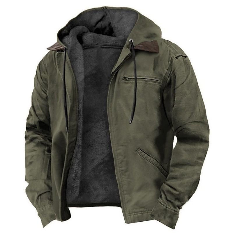 Giacca casual da uomo in cotone con cappuccio, foderata in pile, con tasca con cerniera, tinta unita_voghion.com