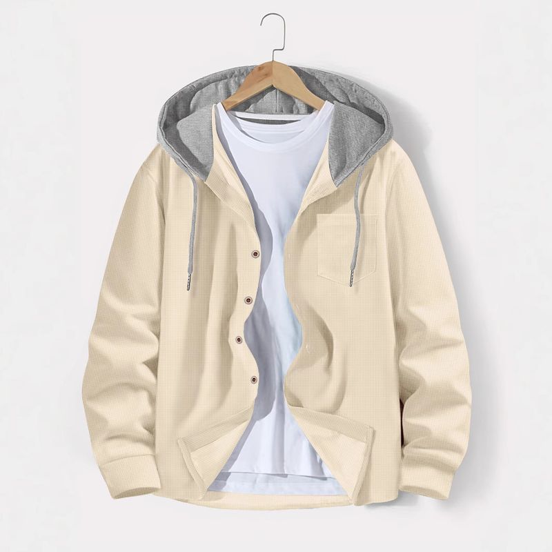 CT 2025 Autumn Men's Waffle Texture Color Block Button-Up Hooded Casual Cardigan Jacket_voghion.com