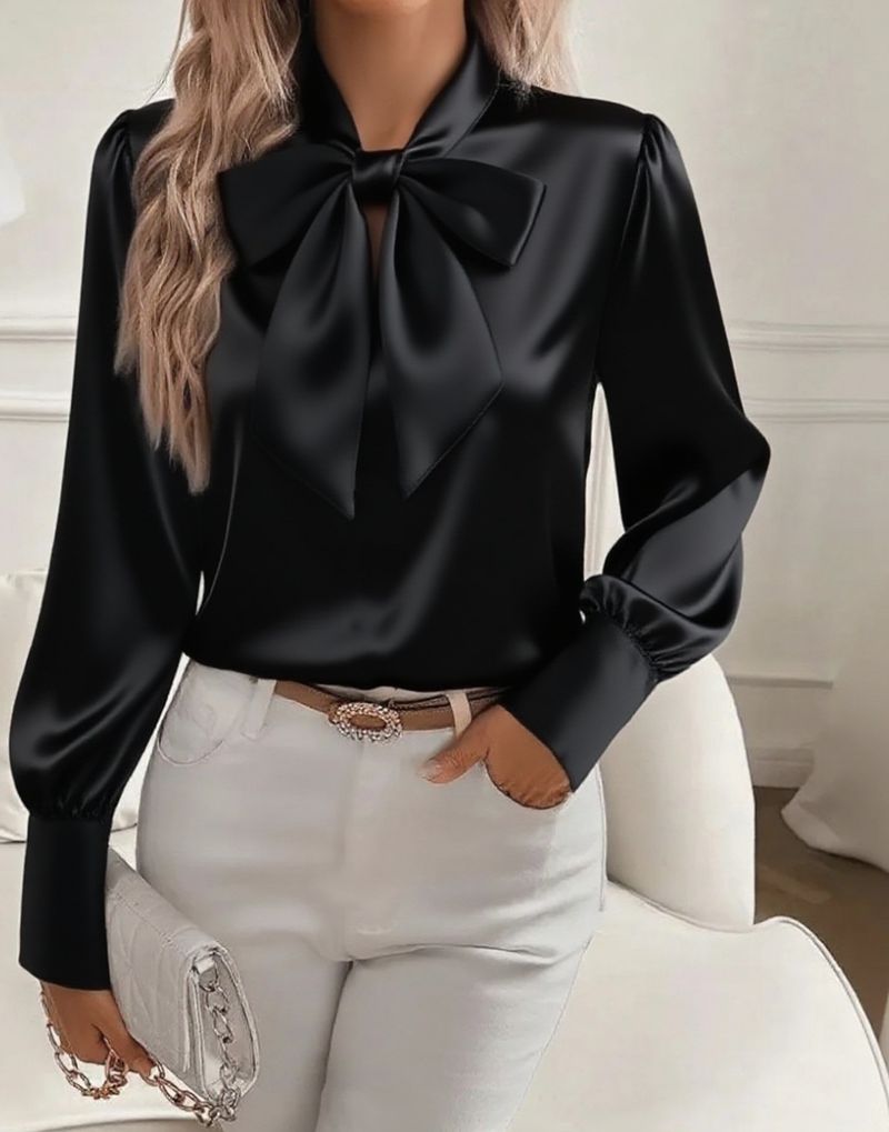 Elegante camicetta in raso con dettaglio a fiocco - Camicia da donna a maniche lunghe per autunno e inverno, ufficio e abbigliamento casual (nero, cachi, rosa, bianco)_voghion.com
