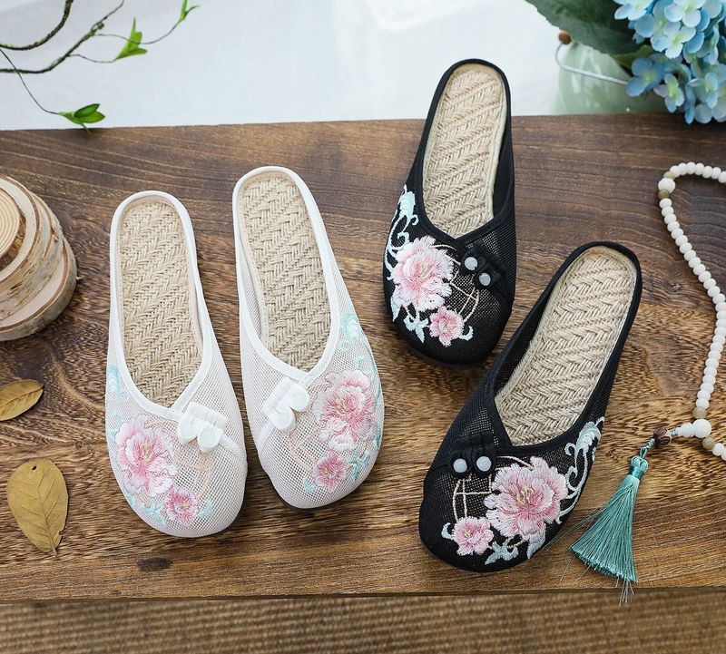 Solette in rete di lino, pantofole piatte ricamate, scarpe da donna 2025, sandali_voghion.com
