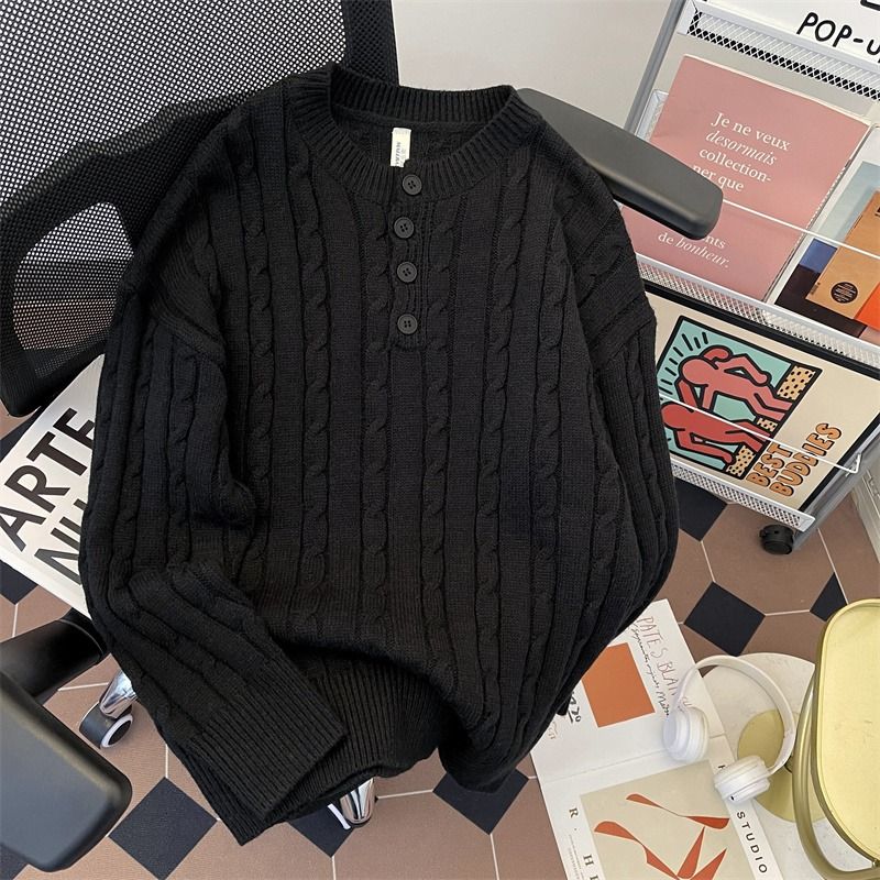 Passender grauer Zopfmusterpullover für Paare – Oversized Henley-Halspullover für Männer und Frauen, weicher und gemütlicher Unisex-Winterpullover_voghion.com