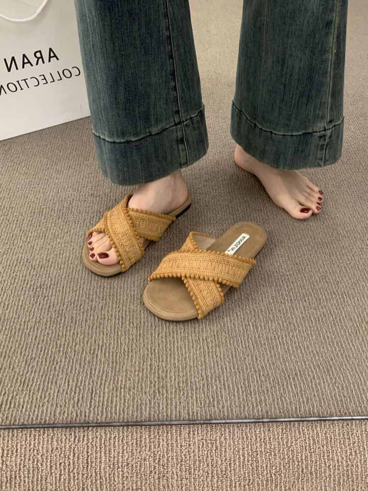 Kreuz im ethnischen Stil mit flachen Hausschuhen für Damen im Sommer im Freien Sandalen im Bohemian-Stil für den Urlaub und den lässigen Strand_voghion.com