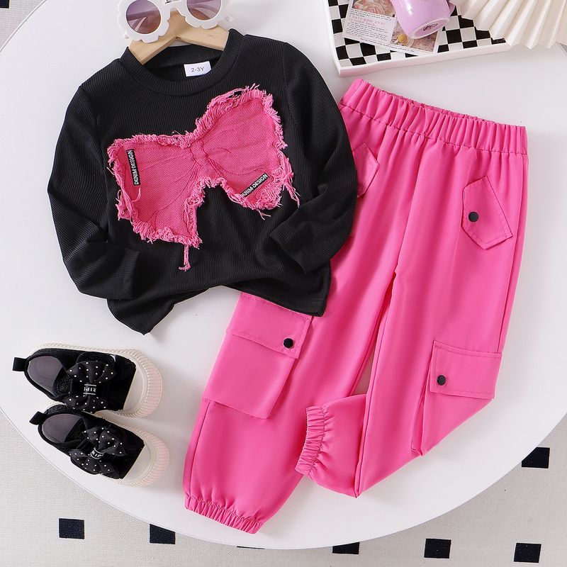 Kinderkleidung Kinderanzug Herbst- und Wintermode für Mädchen mit Schmetterlingspatch, Oberteil, Overall, Hose, zweiteiliger Anzug_voghion.com