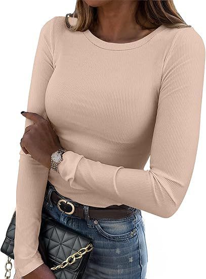 Maglietta a maniche lunghe elastica a collo rotondo a coste da donna, stile europeo e americano, slim casual, basic, con bordino_voghion.com