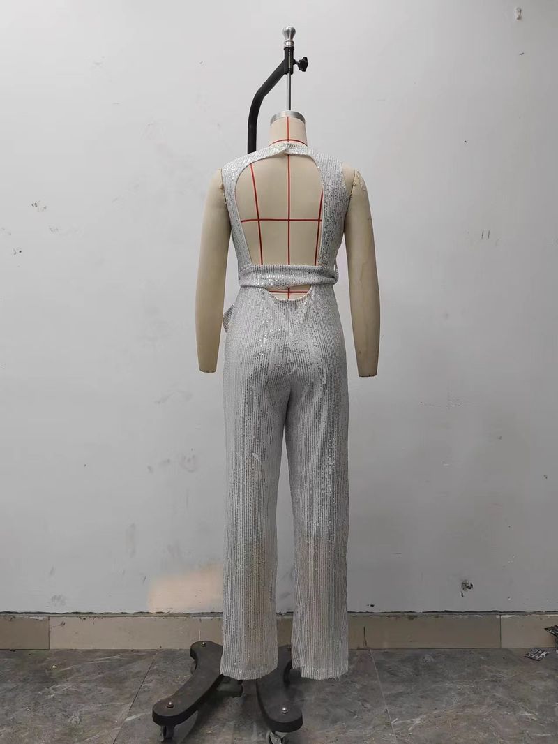 Combinaison élégante sans manches à paillettes brillantes pour femmes, pantalon large, dos nu, salopette sexy, nouveauté 2025_voghion.com