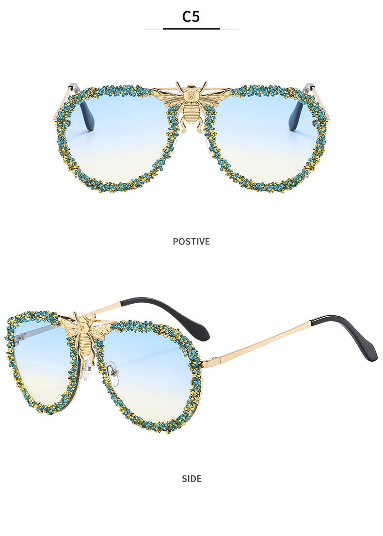 Europäische und amerikanische Persönlichkeit Bee Net Red Sonnenbrille mit Diamanten eingelegt Retro Metall Mode Große Rahmen Sonnenbrille Weibliche Ins Trend Cross Border_voghion.com