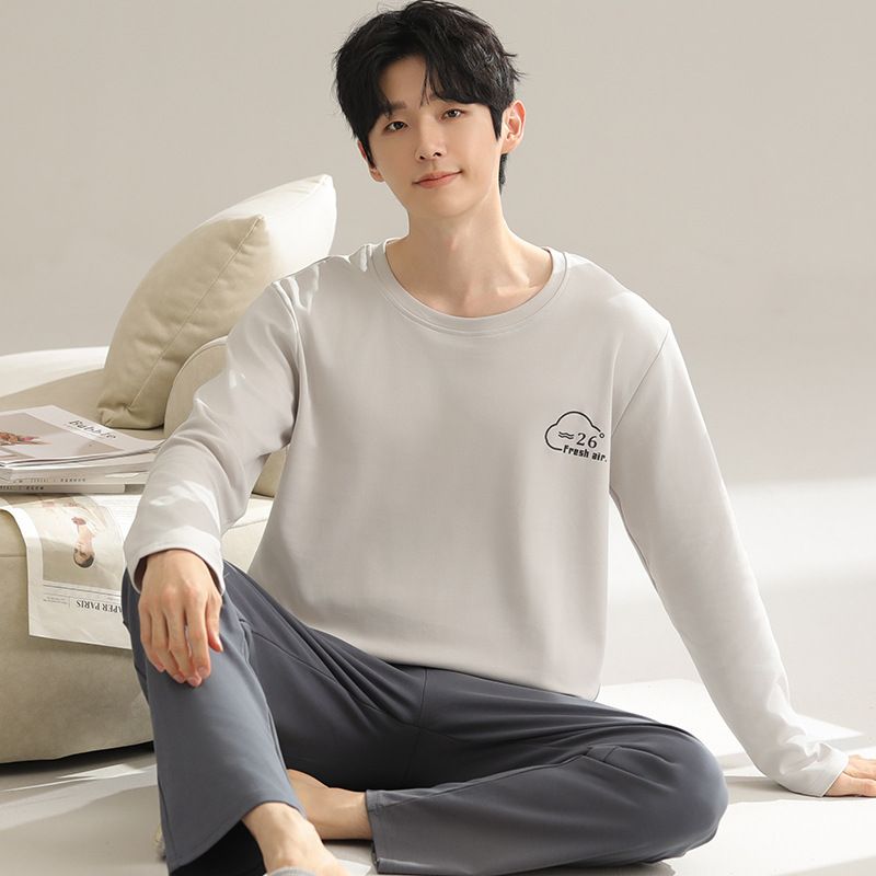Pyjamas für Männer im Frühling und Herbst, reine Baumwolle, lange Ärmel, einfacher Vier-Jahreszeiten-Stil, Teenager-Übergröße, kann getragen werden_voghion.com