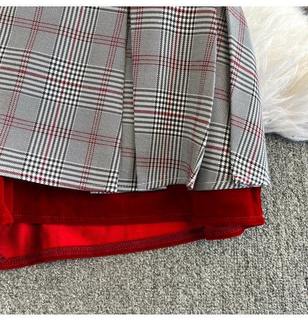 Kadınlar İçin Vintage Ekose Blazer ve Pileli Etek Takımı - Kırmızı ve Siyah Kışlık Rahat İki Parçalı Kıyafet_voghion.com