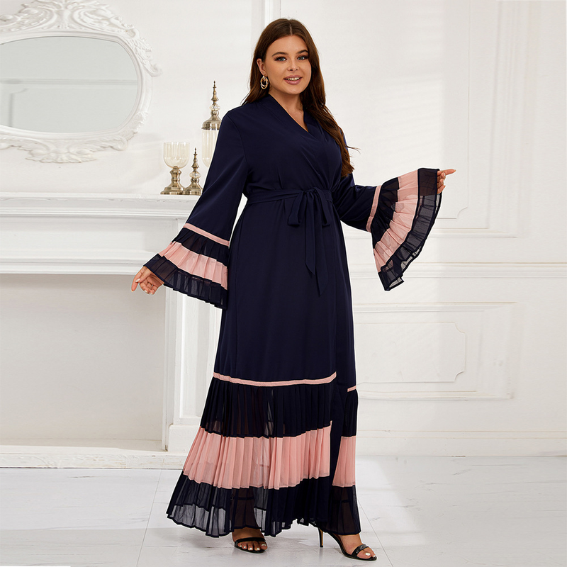 Abito lungo a maniche lunghe con gonna a pieghe abbinata, stile africano mediorientale musulmano da donna_voghion.com