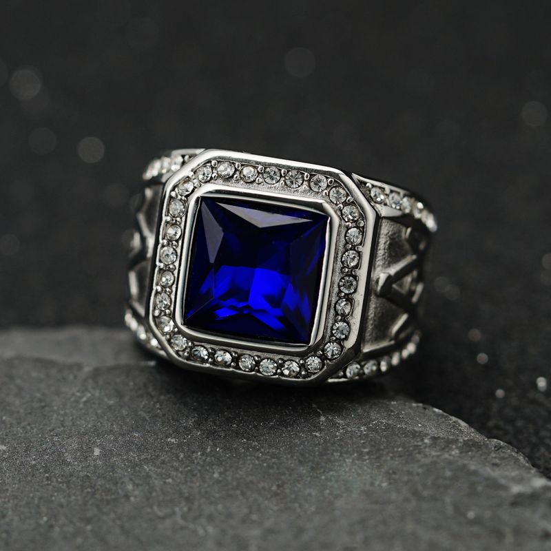 Bague maçonnique rétro AG en acier titane/acier inoxydable 316 incrustée de pierres précieuses colorées_voghion.com