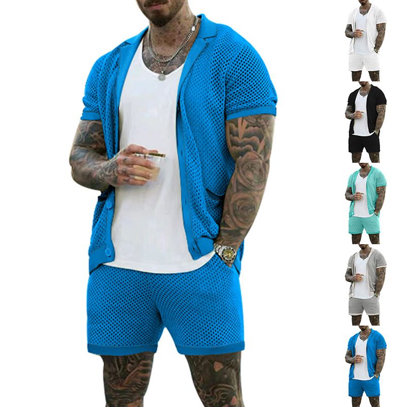 Herrenbekleidung Herrenmode aushöhlen durchsichtig cool lässig dünne Oberbekleidung Herren Kurzarm Shorts Set_voghion.com