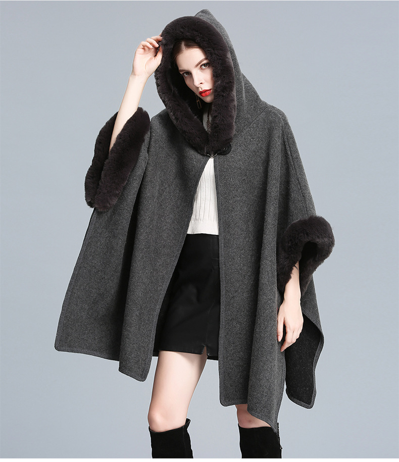 Women's imitation Rex rabbit collar hooded shawl cape large size woolen coat loose cardigan_voghion.com