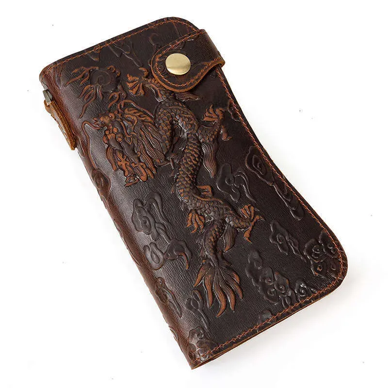 Crazy Horse Long Men Genuine Leather Dragon Pattern Iron Chain Anti-theft Multi-card Slots Money Clip Wallet_voghion.com