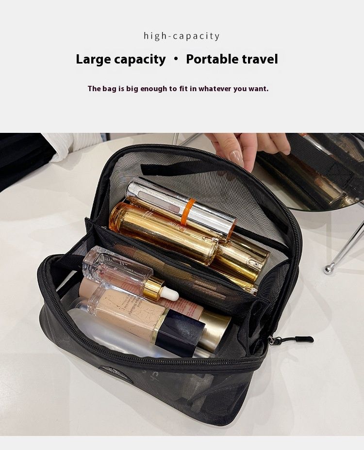 2024 Nova Maquiagem Feminina Portátil Grande Capacidade Luxo Saída 3 CEO Malha Preta Bolsa De Armazenamento De Lavagem_voghion.com