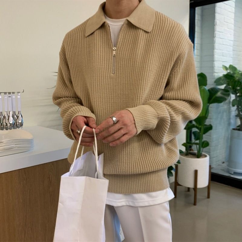 Men's Clothing Autumn half zipper sweater men's autumn and winter retro high-grade lazy style lapel sweater loose casual_voghion.com