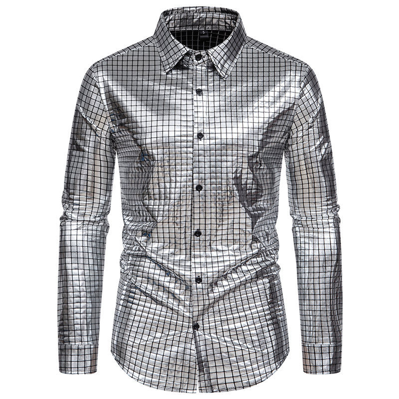 2024 Spring/Summer New Checkered Gold Stamped Print Stage Performance Dress European Size Men's Long Sleeved Shirt_voghion.com