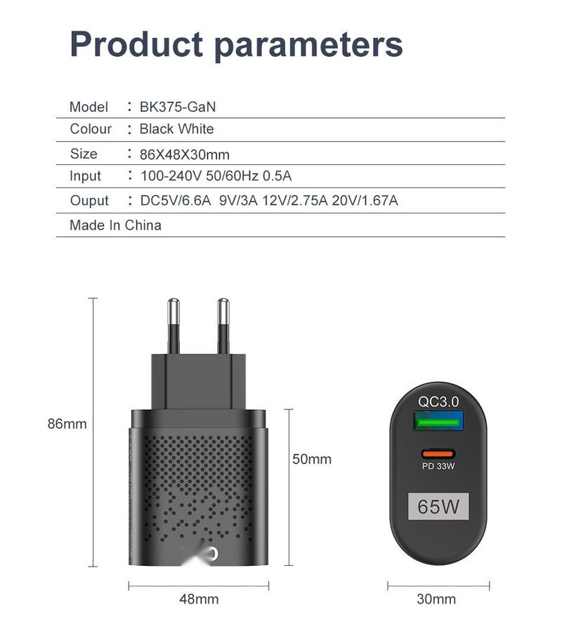 USLION 65W GaN Charger Tablet Laptop Fast Charger Type C PD Quick Charger EU/KR Specification Plugs Adapter For Samsung Iphone_voghion.com