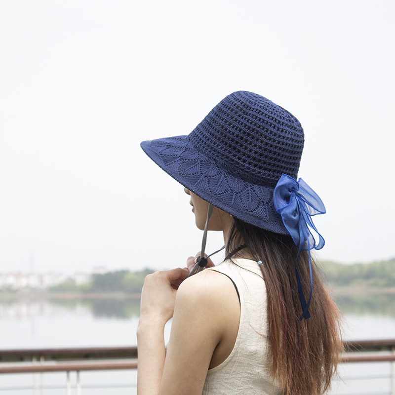 Chapeau de pêcheur de protection solaire pour femmes, style nœud à longue queue, version coréenne d'été, chapeau cool à larges bords couvrant le visage_voghion.com