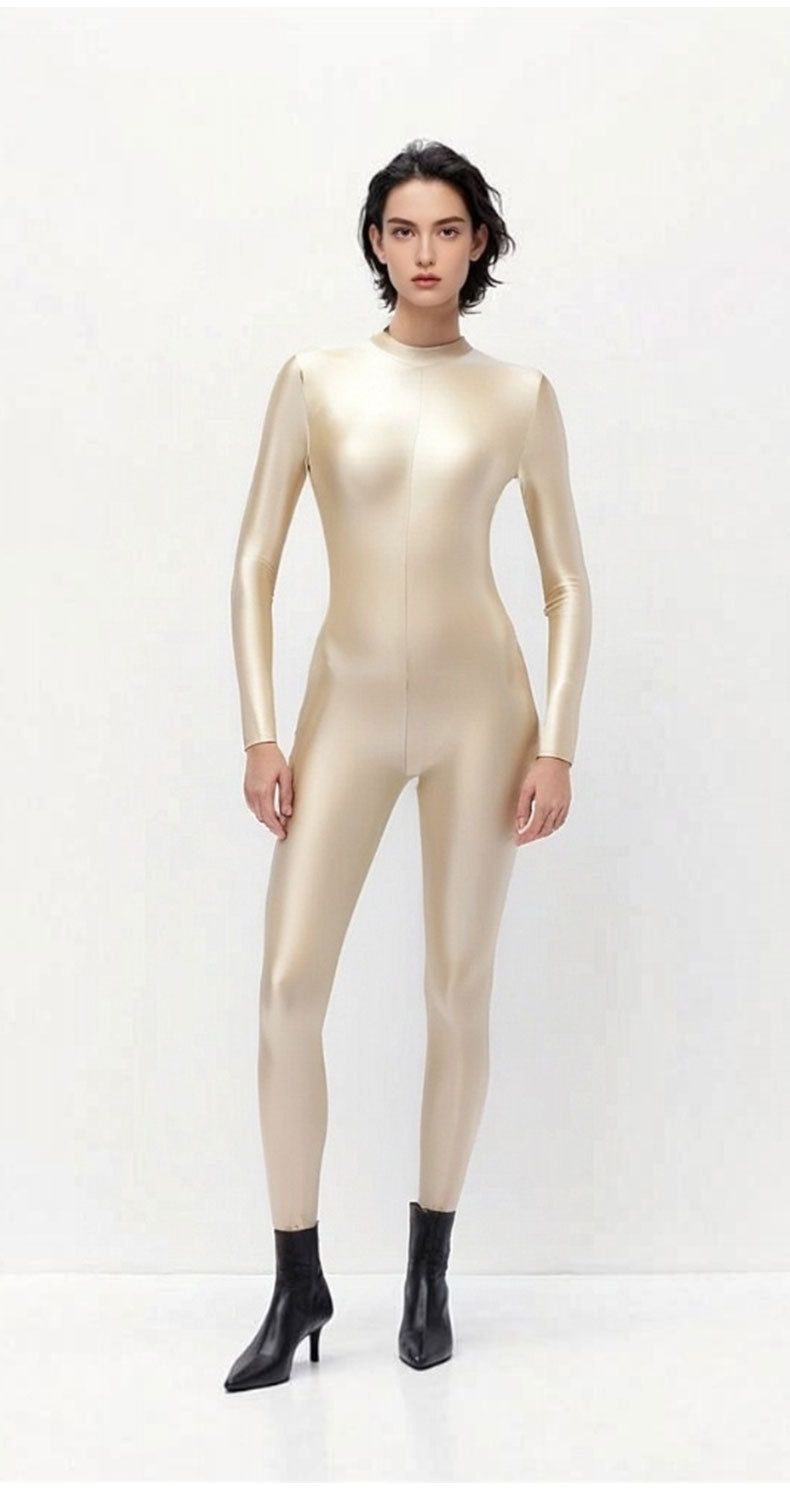 Leggings sportivi modellanti lucidi elastici con cerniera, manica lunga, body intero lucido e liscio_voghion.com