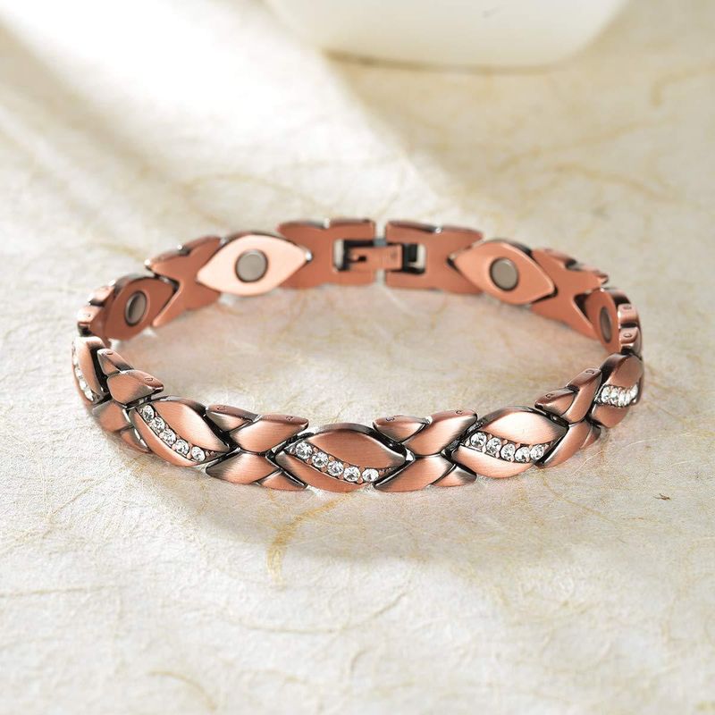 Bracciale in rame rosso con magnete a foglia forte e diamanti intarsiati puri_voghion.com
