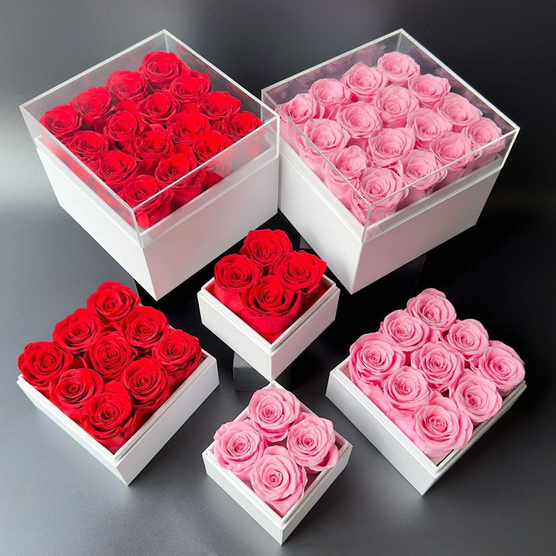 Regalos navideños: Caja de regalo con flores preservadas, cubo de rosas, flores naturales, Día de la Madre, Día del Maestro._voghion.com