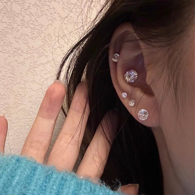 S925 silver zircon straight needle super flash high end ear care cochlear sleep without taking off the earrings ear bone nails_voghion.com