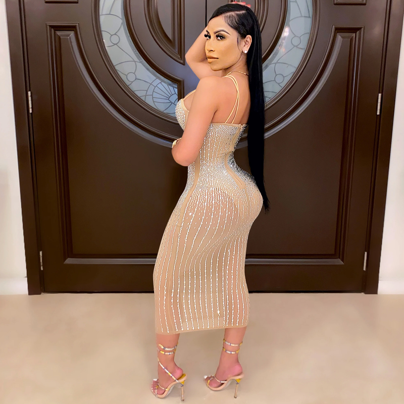 Women's New Product Skirt Sexy Nightclub Mesh Perspective Embedding Diamond Hot Rolled Strap Dress_voghion.com