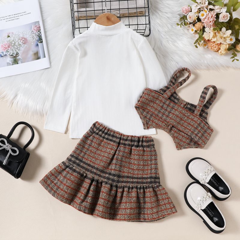 Abbigliamento di Ch, top a maniche lunghe per ragazze, gilet in lana scozzese + gonna a trapezio, set da tre pezzi, alla moda ed elegante per_voghion.com