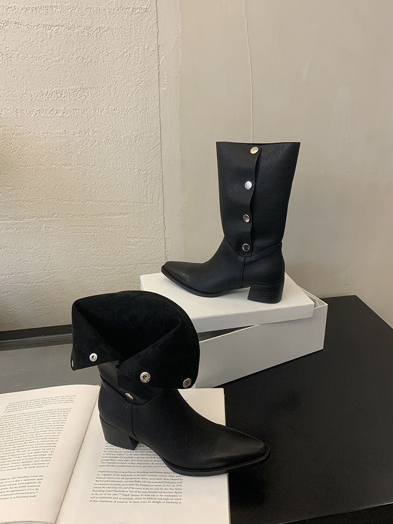 Damenschuhe Stiefeletten Herbst Neue Stiefel aus weichem Leder in geriebener Farbe Metall versteckte Schnalle kann gefaltet werden Zwei Tragemöglichkeiten Retro-Ritterstiefel mit dickem Absatz_voghion.com