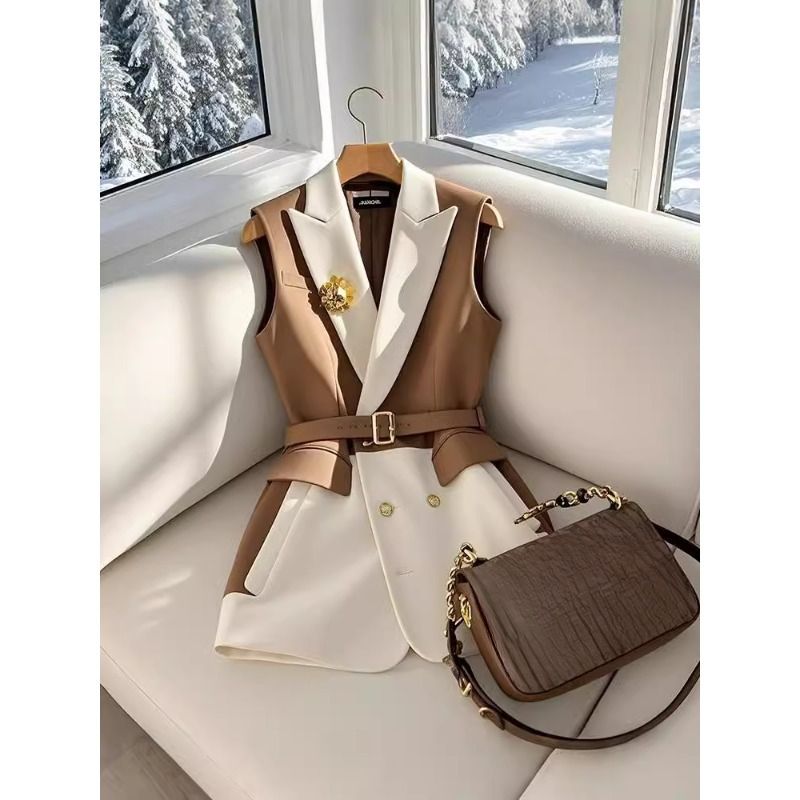 Frühling Sommer Jacke Weste Farbe Block Kaffee Ärmellose Blazer Weste Retro Weibliche Oberbekleidung Alle-spiel Mode Büro Dame_voghion.com
