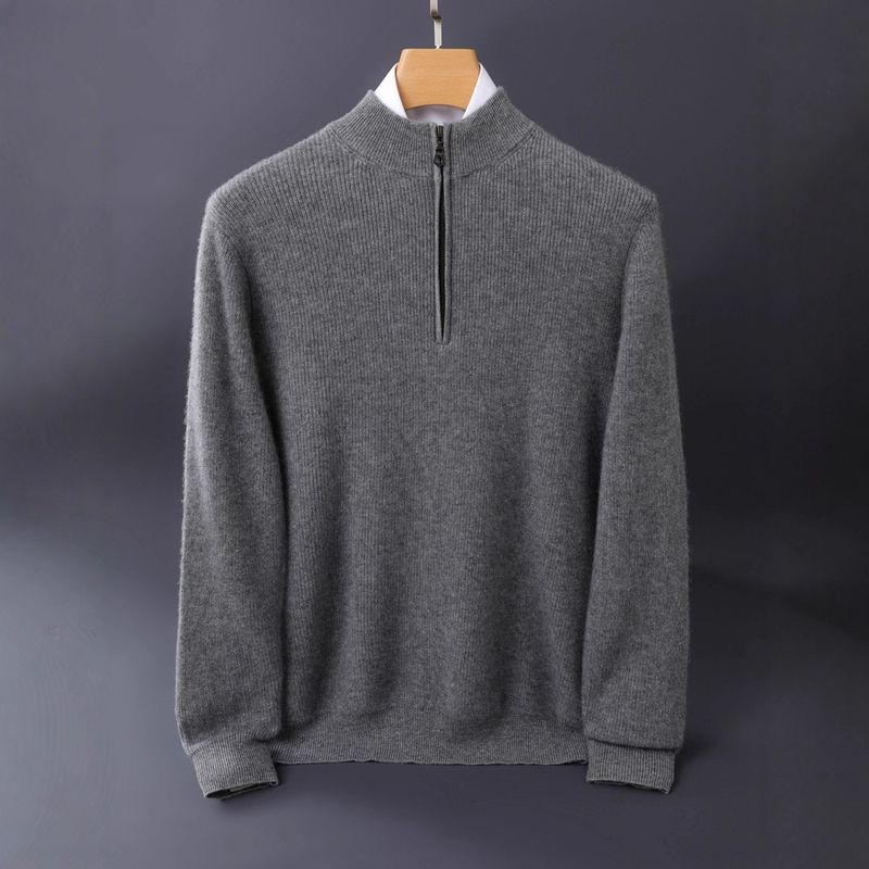 Thickened Cashmere Sweater Men's Cashmere Semi-turtleneck Zipper Sweater Youth Business Casual Top_voghion.com