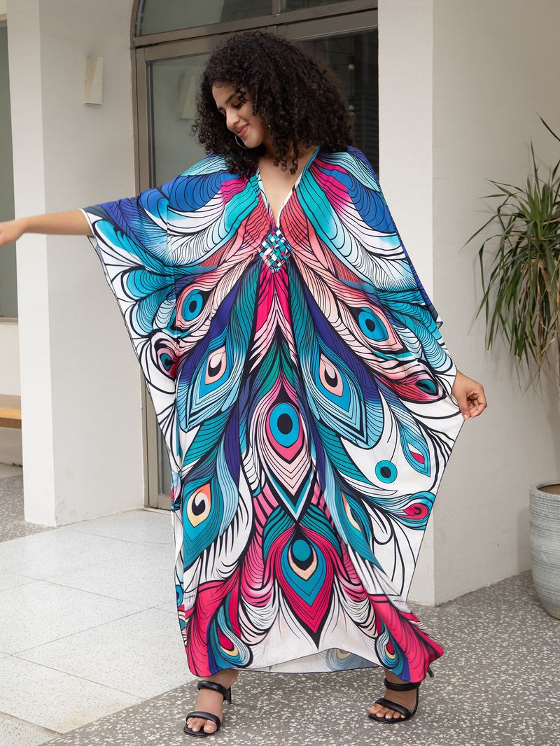 Beach Cover-Up Dress – Flowy Long Bikini Robe With Exotic Prints (Peacock/Abstract/Feather, One Size)_voghion.com