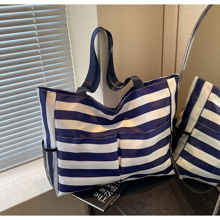 Beach 2024 summer shoulder artistic small fresh striped canvas tote bag large capacity handbag_voghion.com