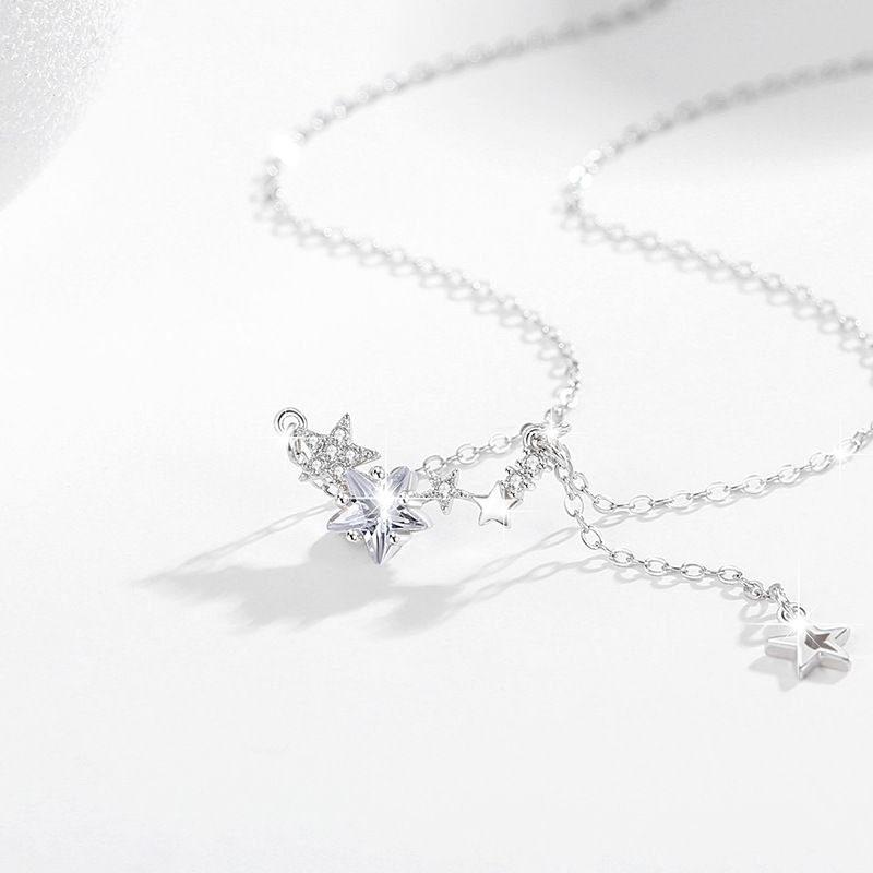 Collana Star S in argento puro per donna, design di nicchia, lusso leggero, versatile catena con nappa per clavicola, ciondolo in zircone,_voghion.com