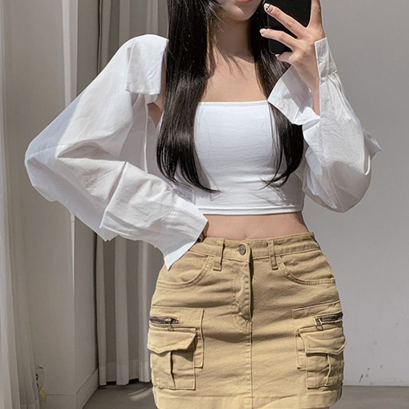 Shirt ultra short shirt sunscreen summer new solid color loose basic versatile cover up small jacket_voghion.com