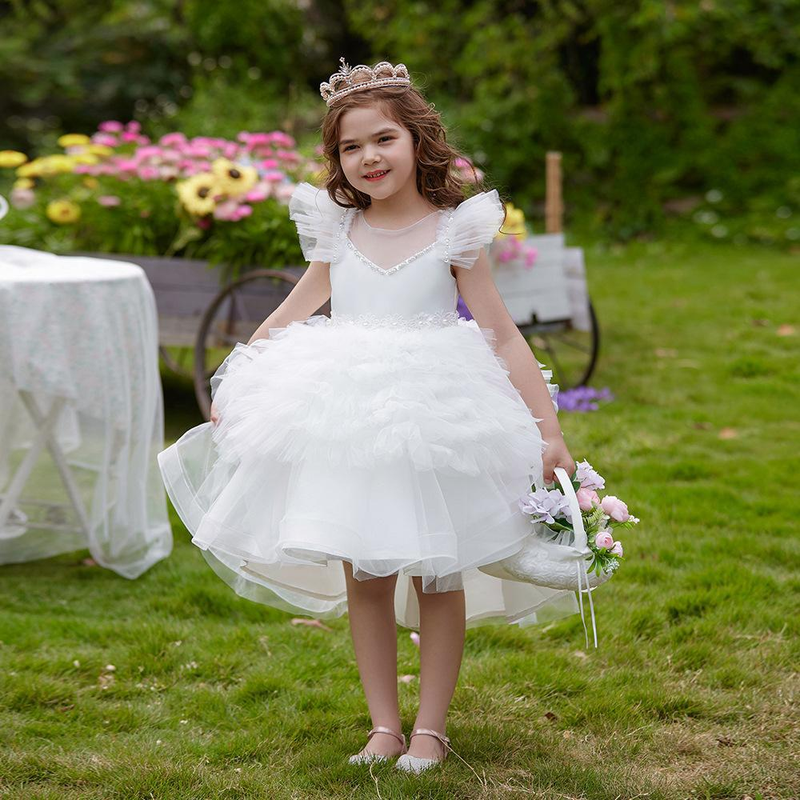 Nuovo vestito da principessa per ragazze di piccole e medie dimensioni per bambini con piccole maniche volanti in rete con gonna tutu a coda di rondine, abito da festa di compleanno_voghion.com