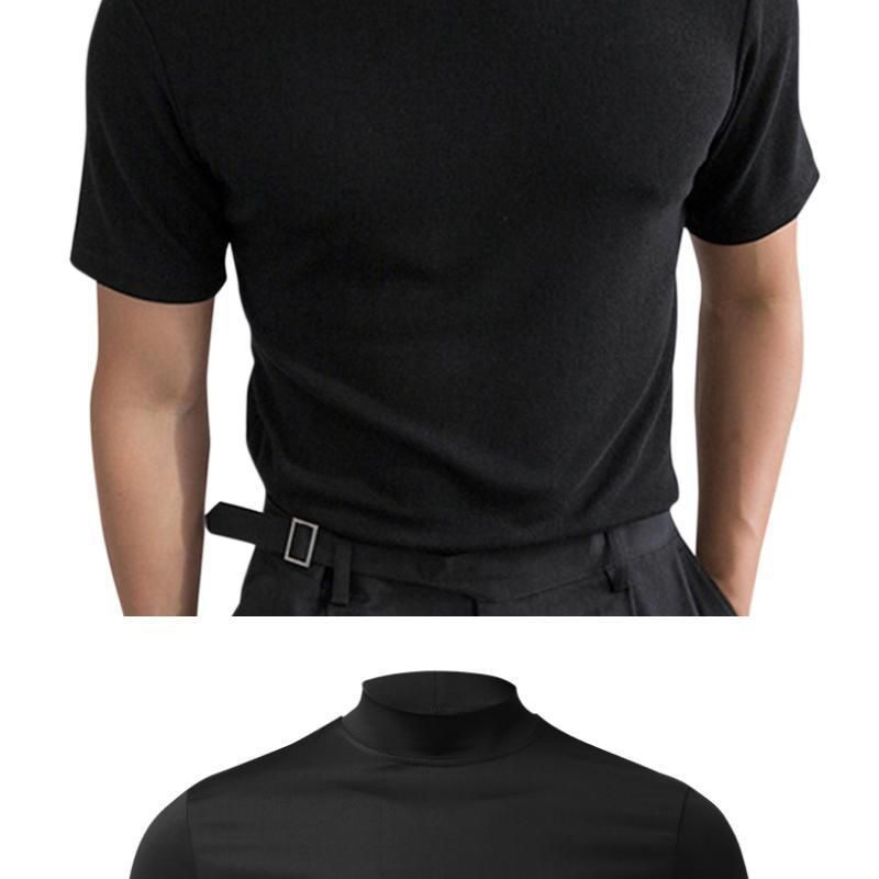 2024 Herbst Winter Stehkragen Kurzarm T-Shirt Herren Basishemd Einfarbiges Oberteil_voghion.com