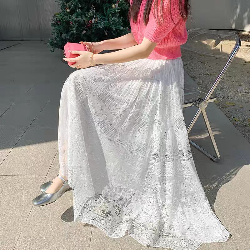 Elegante gonna midi in pizzo con ricamo floreale, gonna fluida a trapezio con orlo a strati in chiffon, perfetta per il guardaroba primaverile-estivo (nero/bianco/beige)_voghion.com