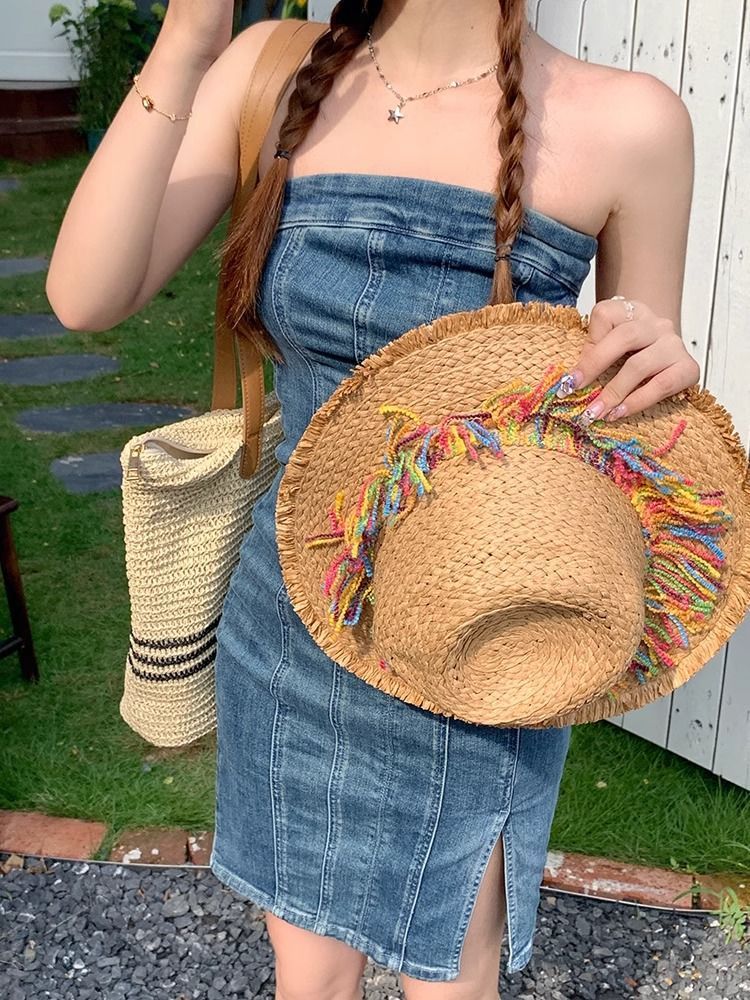 Sombrero de paja con flecos de colores para verano, parasol de viaje, protector solar, para rostro pequeño, transpirable, de ala ancha._voghion.com