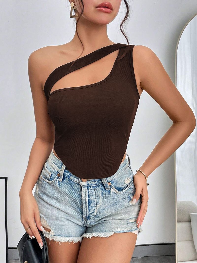 Women's Clothing New Slim Ultra Short Irregular Hem Oblique Shoulder Wrap Chest Vest Hollow Top_voghion.com