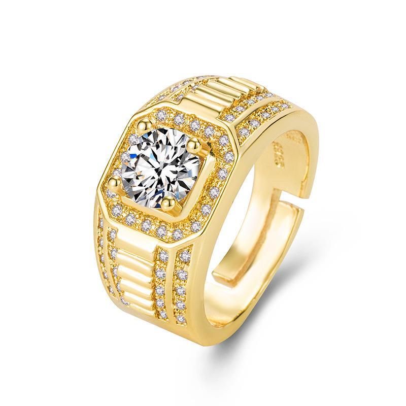 Vergulde, dominante, volle diamanten ring, zakelijke herenring, kleurbehoudende verlovingsring met dubbele rij diamanten_voghion.com