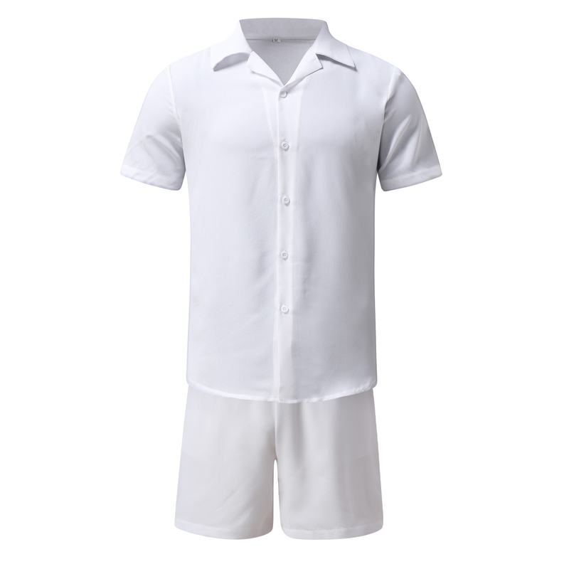Set de pantaloni scurți cu mânecă scurtă, din bumbac și in, Hawaii, 2024, vară, guler polo, stil hawaian, bărbați_voghion.com