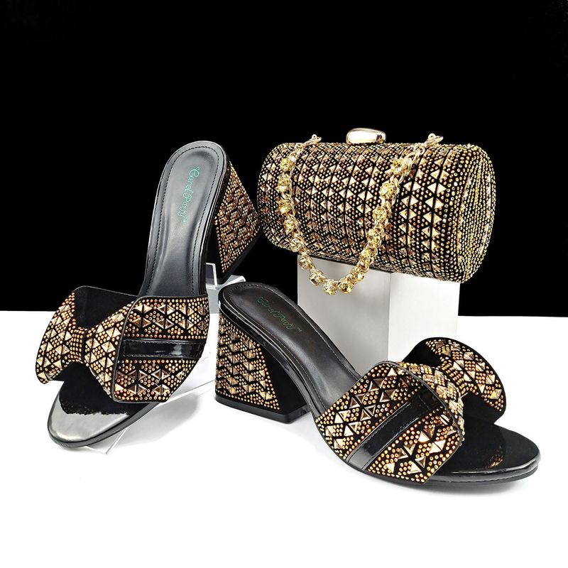 Set di scarpe e borse da donna Pantofole estive con tacco alto Decorazioni in strass color block Borsa cilindrica_voghion.com