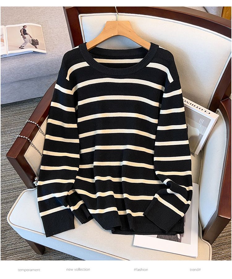 Übergrößen-Viskose-Stricktop für Damen, schlankmachendes Langarm-T-Shirt für kurvige Figuren (2XL-7XL, Schwarz/Beige)_voghion.com