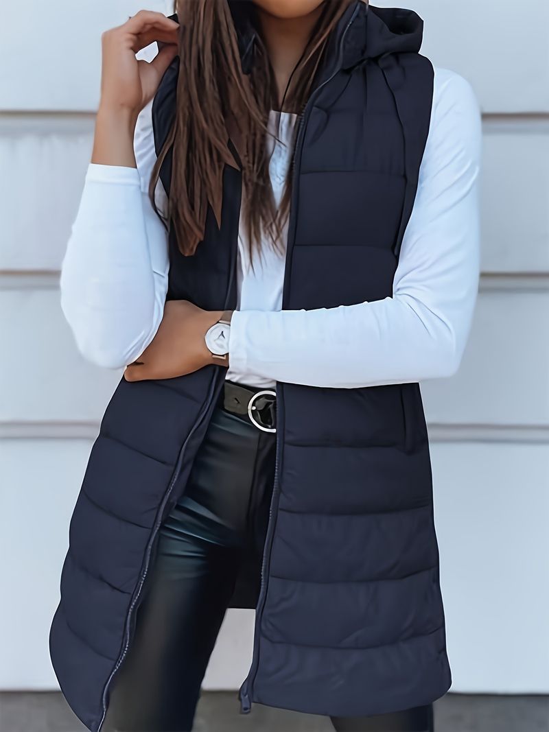 Women's Long Hooded Zip-Up Quilted Vest - Lightweight Polyester Puffer Jacket For Winter, Casual & Elegant Style_voghion.com