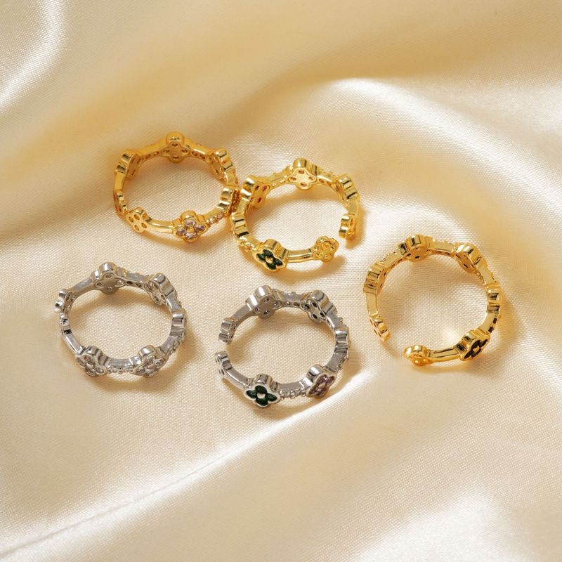 Moxi Neuer luxuriöser kleiner offener, stimmungsvoller, farbenfroher Ring mit vierblättrigem Blumenmuster und Zirkonia_voghion.com