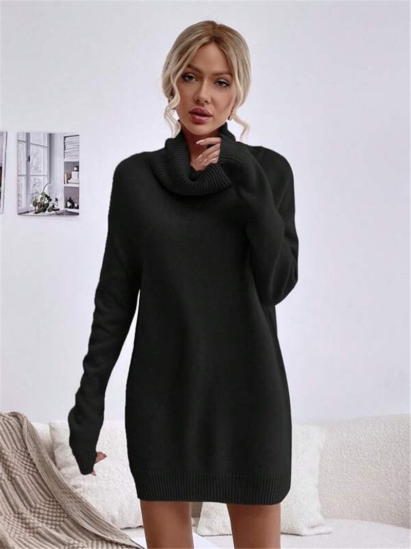 Damenbekleidung Herbst und Winter Neues einfarbiges, lockeres Strickpulloverkleid mit hohem Kragen_voghion.com
